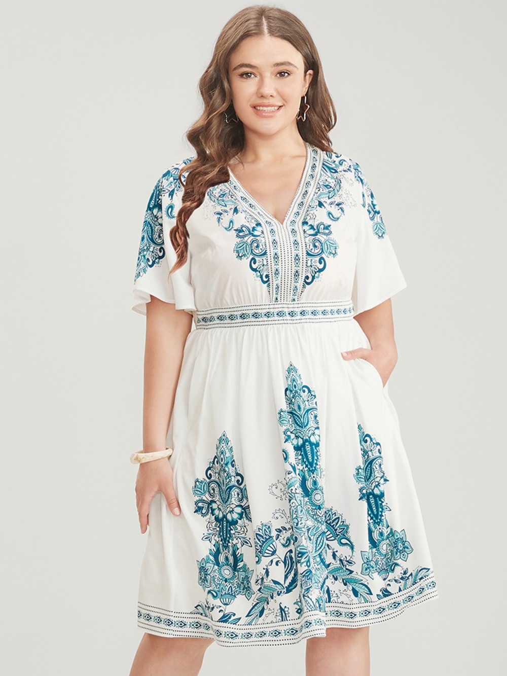 BloomChic White & Teal Bandana Print Ruffle Sleeve V Neck Pocket Dress 2X 18/20